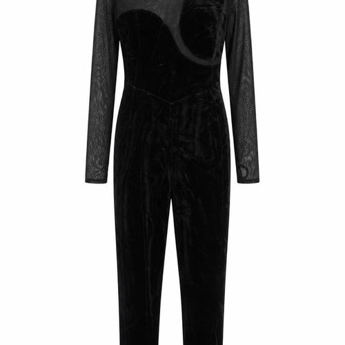 Bershka Women Black L Velvet Mesh Ruffle High Neck Jumpsuit