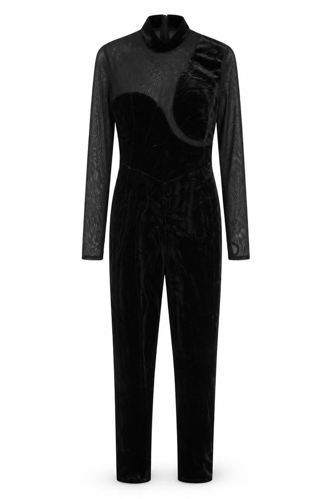 Bershka Women Black L Velvet Mesh Ruffle High Neck Jumpsuit
