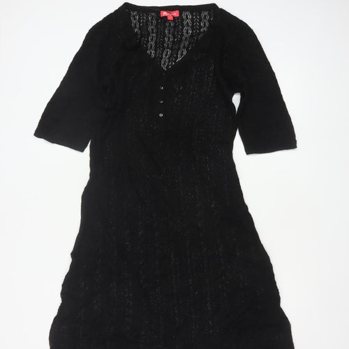 Monsoon Women Black L A-Line Knit Long V-Neck Button Dress