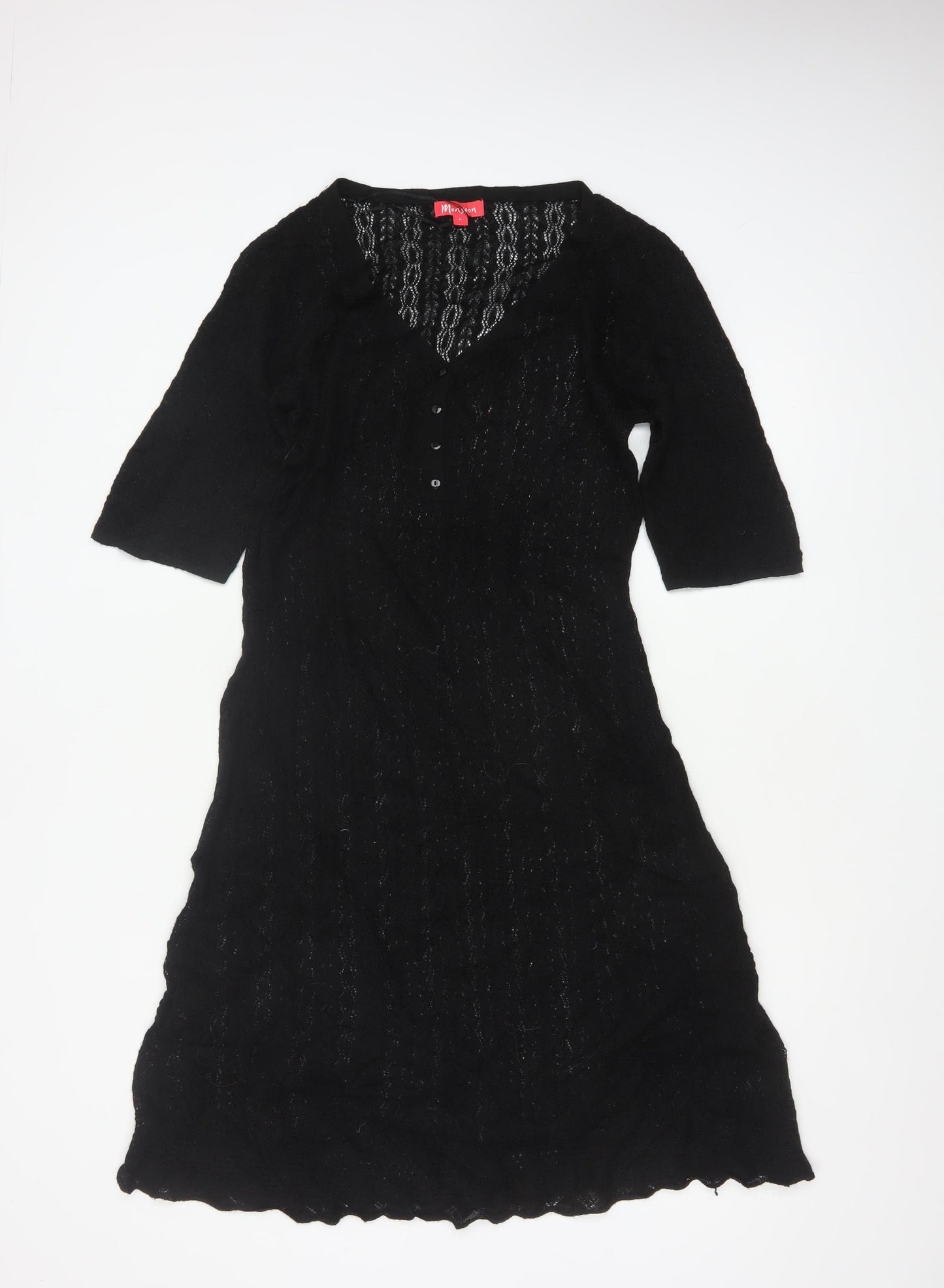 Monsoon Women Black L A-Line Knit Long V-Neck Button Dress