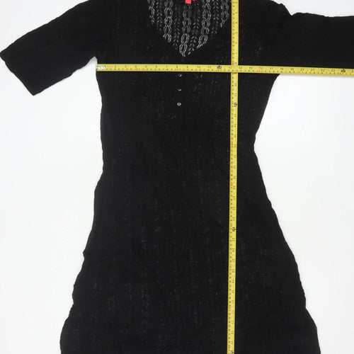Monsoon Women Black L A-Line Knit Long V-Neck Button Dress