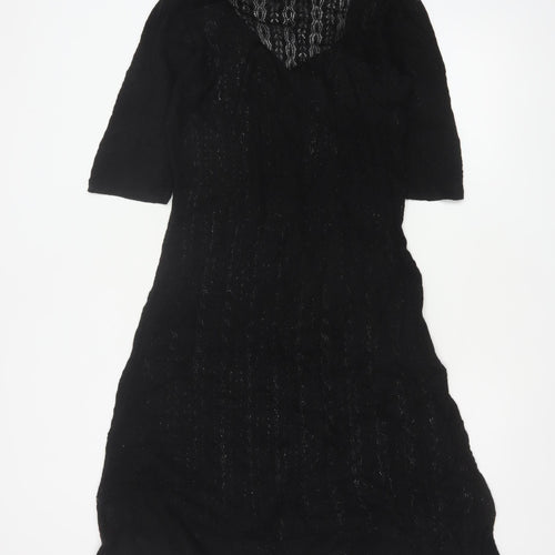 Monsoon Women Black L A-Line Knit Long V-Neck Button Dress