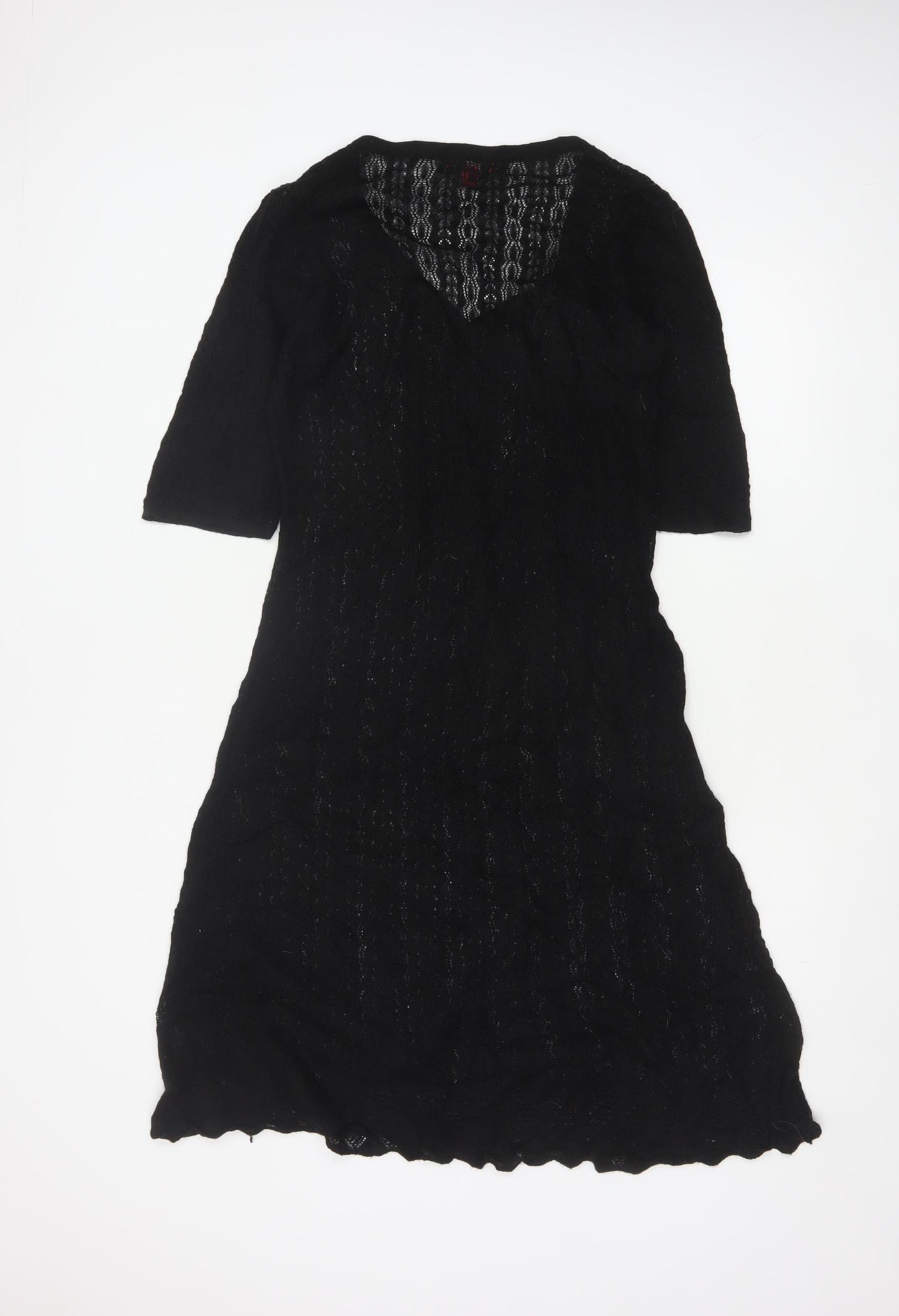 Monsoon Women Black L A-Line Knit Long V-Neck Button Dress