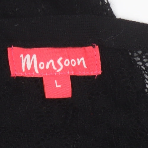 Monsoon Women Black L A-Line Knit Long V-Neck Button Dress