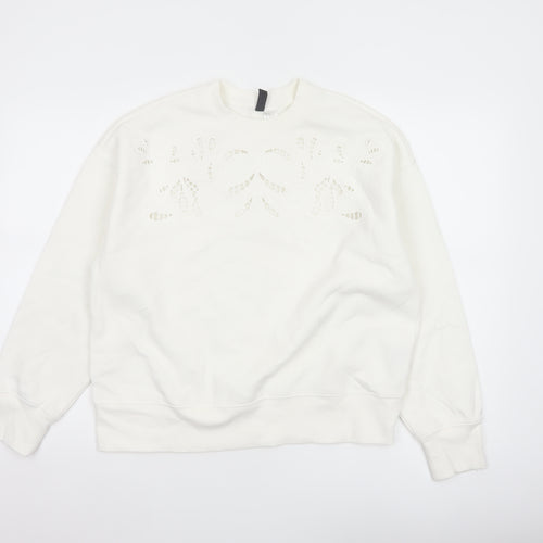 H&M Women Ivory S Floral Embroidered Cutwork Crew Neck Sweatshirt