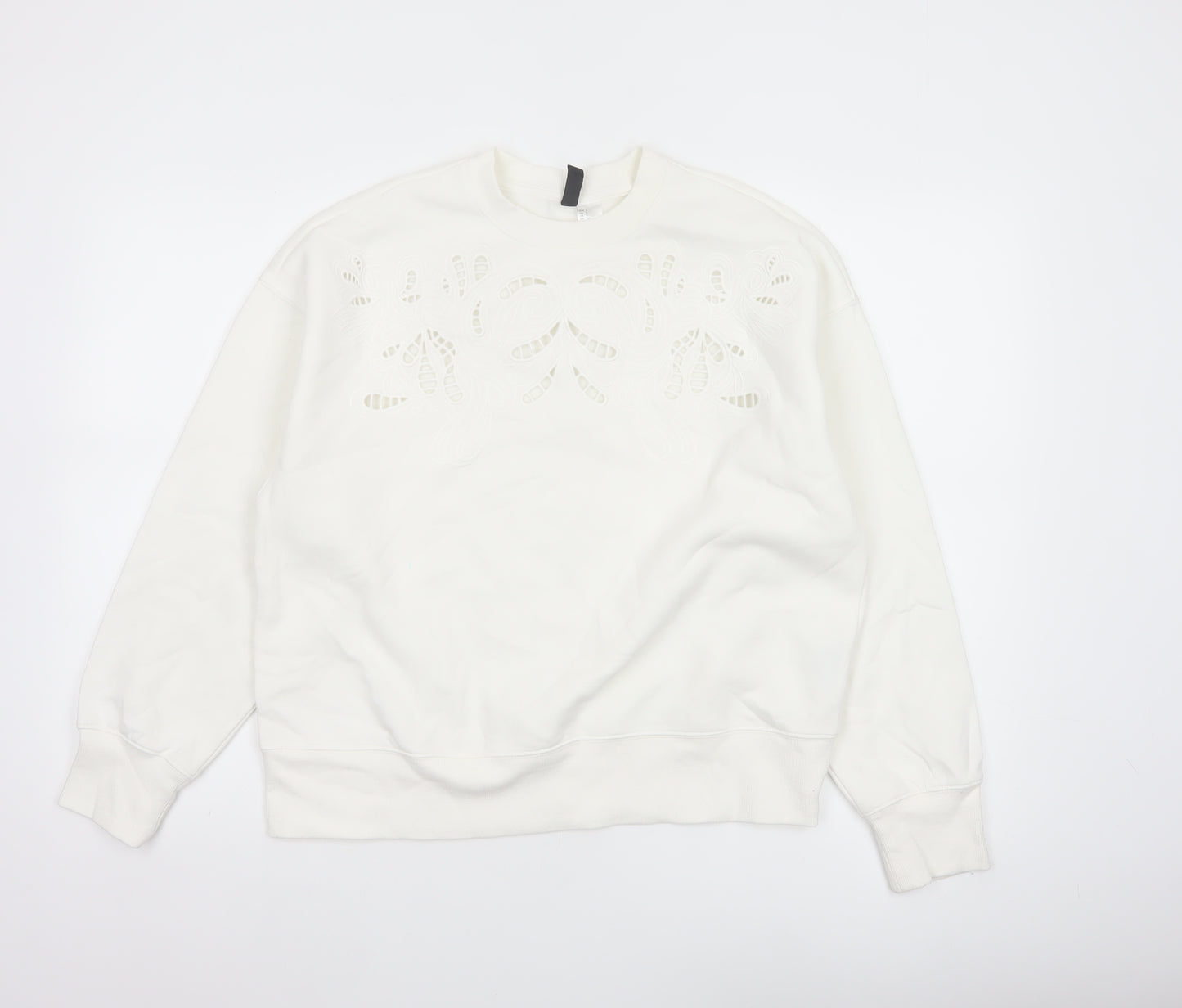 H&M Women Ivory S Floral Embroidered Cutwork Crew Neck Sweatshirt