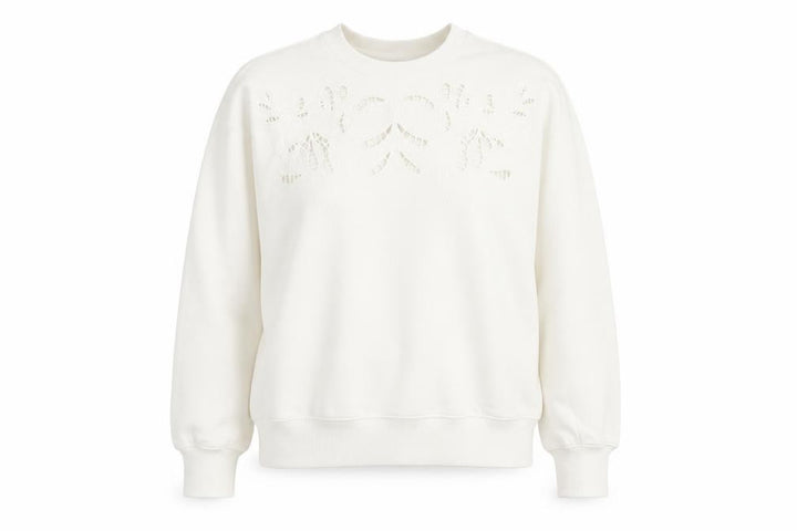 H&M Women Ivory S Floral Embroidered Cutwork Crew Neck Sweatshirt