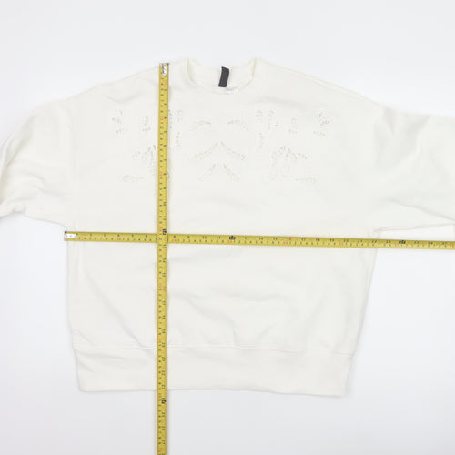 H&M Women Ivory S Floral Embroidered Cutwork Crew Neck Sweatshirt