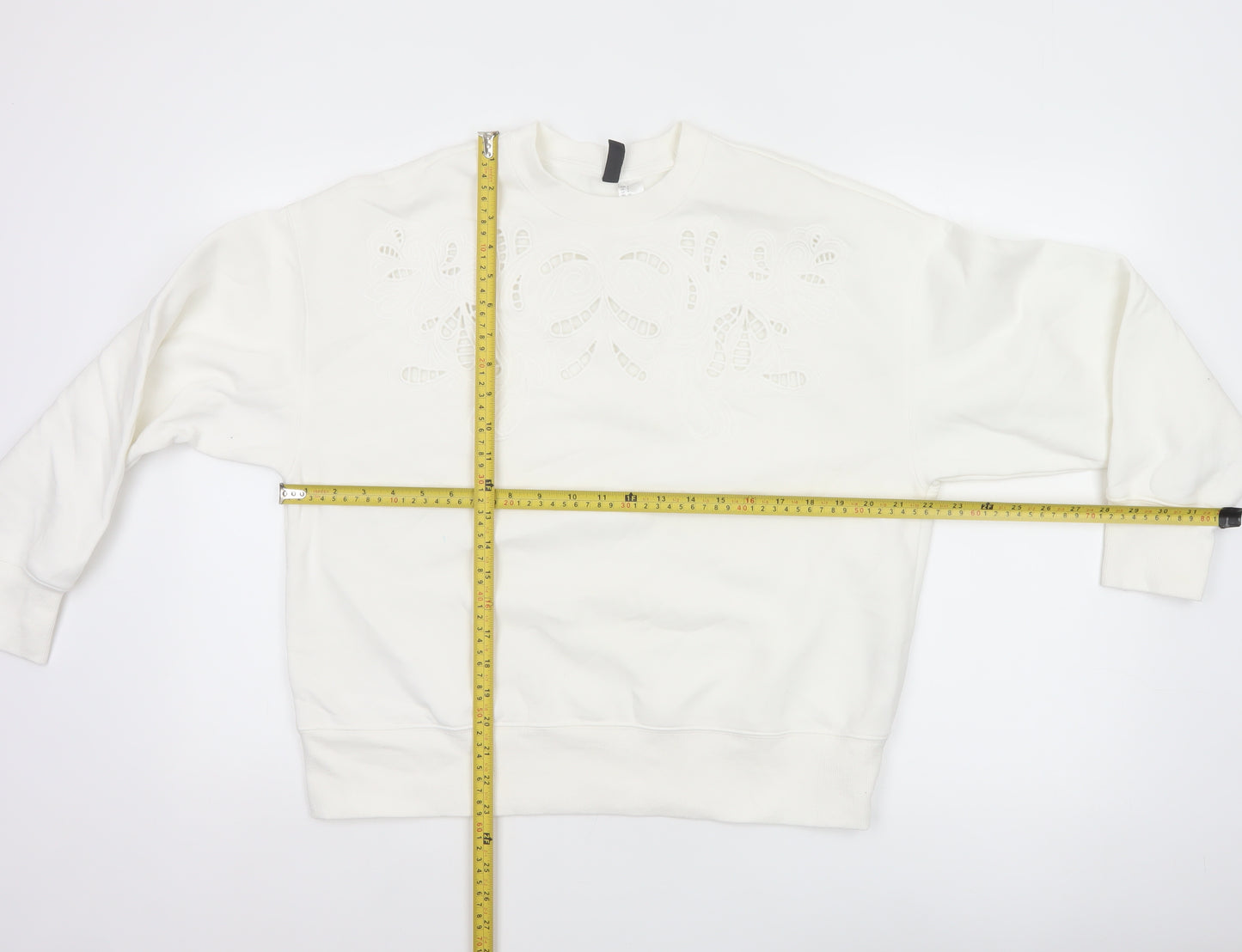 H&M Women Ivory S Floral Embroidered Cutwork Crew Neck Sweatshirt