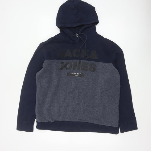 Jack & Jones Men Navy Grey L Pullover Hoodie Logo Graphic