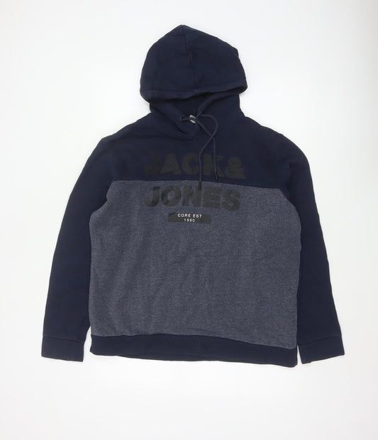Jack & Jones Men Navy Grey L Pullover Hoodie Logo Graphic