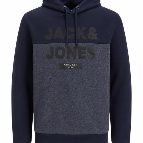 Jack & Jones Men Navy Grey L Pullover Hoodie Logo Graphic
