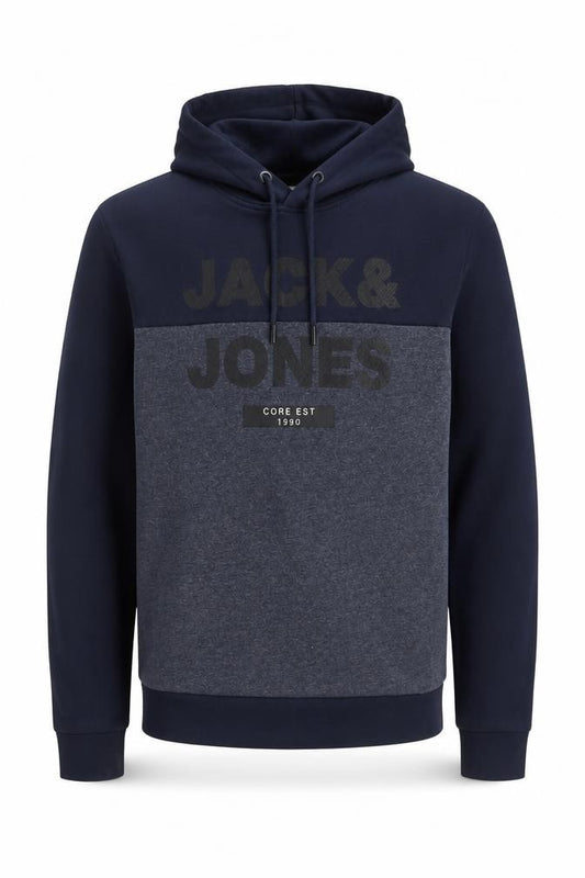 Jack & Jones Men Navy Grey L Pullover Hoodie Logo Graphic