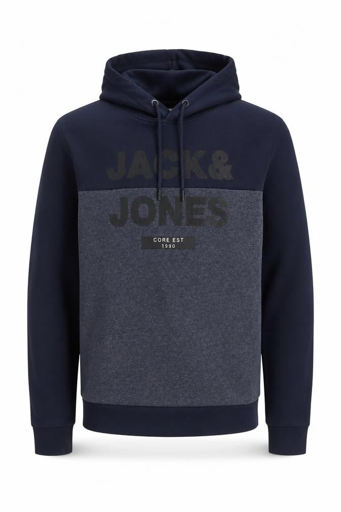 Jack & Jones Men Navy Grey L Pullover Hoodie Logo Graphic