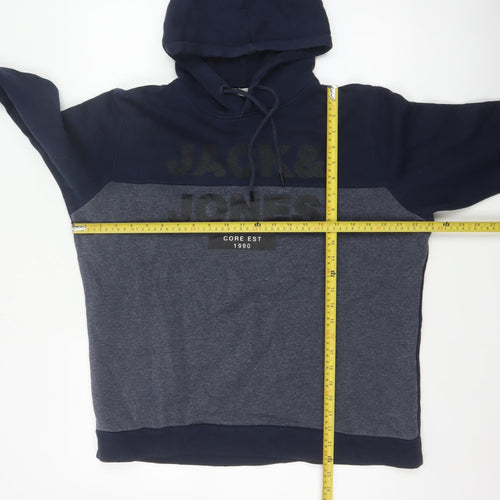 Jack & Jones Men Navy Grey L Pullover Hoodie Logo Graphic
