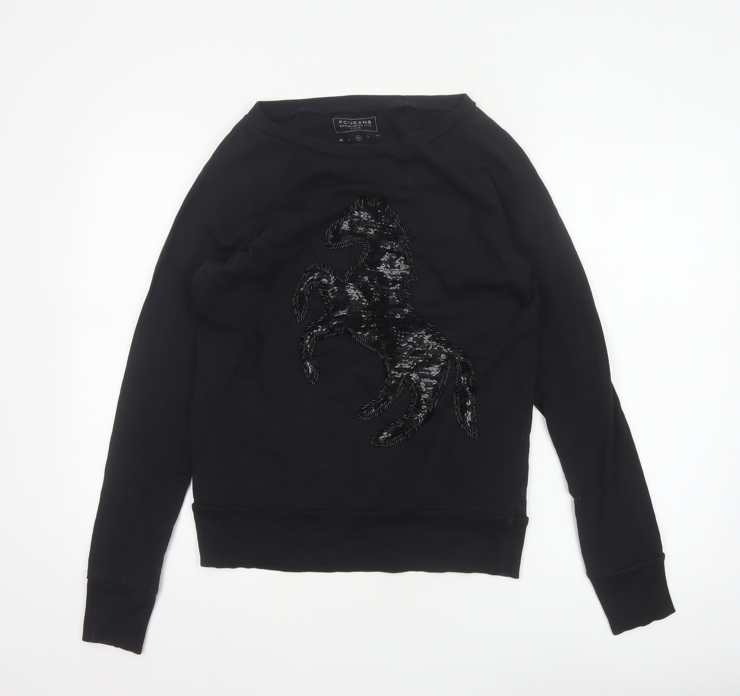 FC Jeans Women’s Black M Sequin Lizard Crew Neck Cotton Sweatshirt