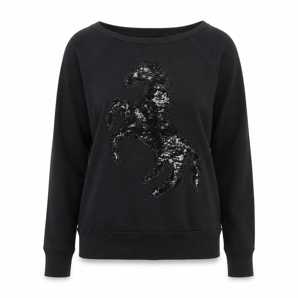 Front view of FC Jeans Women’s Black M Sequin Lizard Crew Neck Cotton Sweatshirt