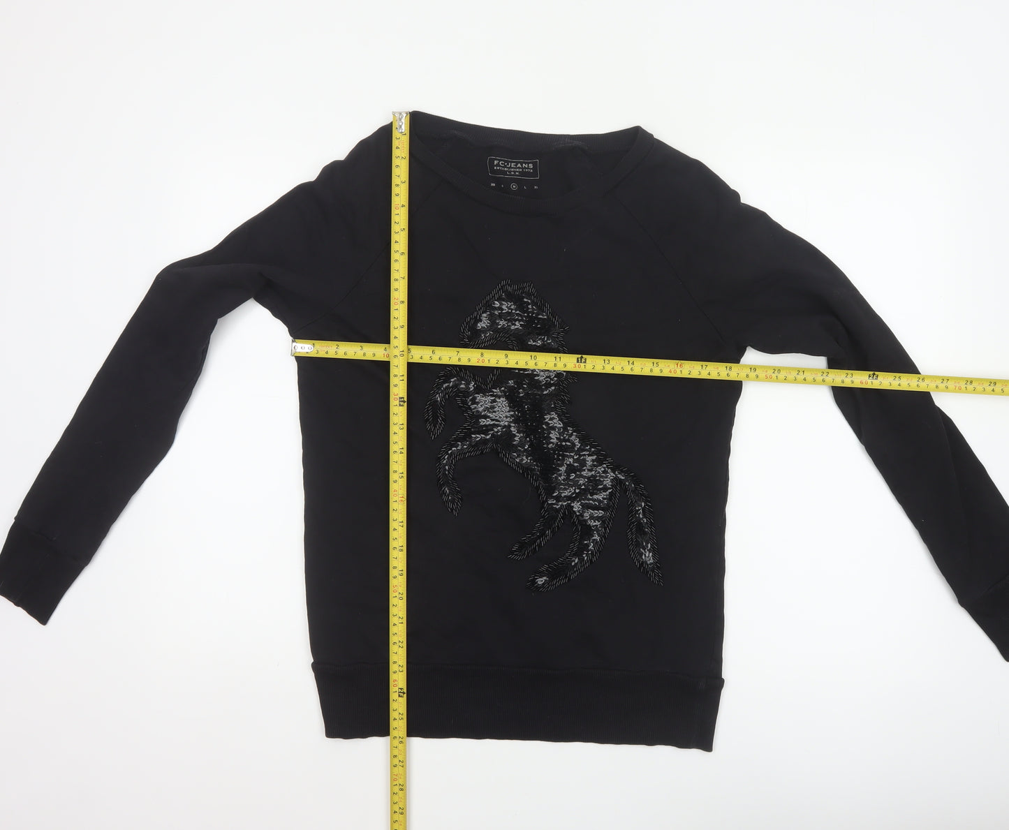 FC Jeans Women’s Black M Sequin Lizard Crew Neck Cotton Sweatshirt