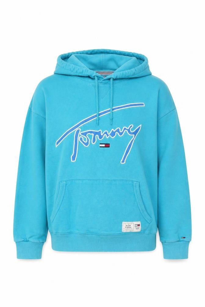 Front view of Tommy Jeans Women’s Blue M Pullover Logo Hoodie Cotton