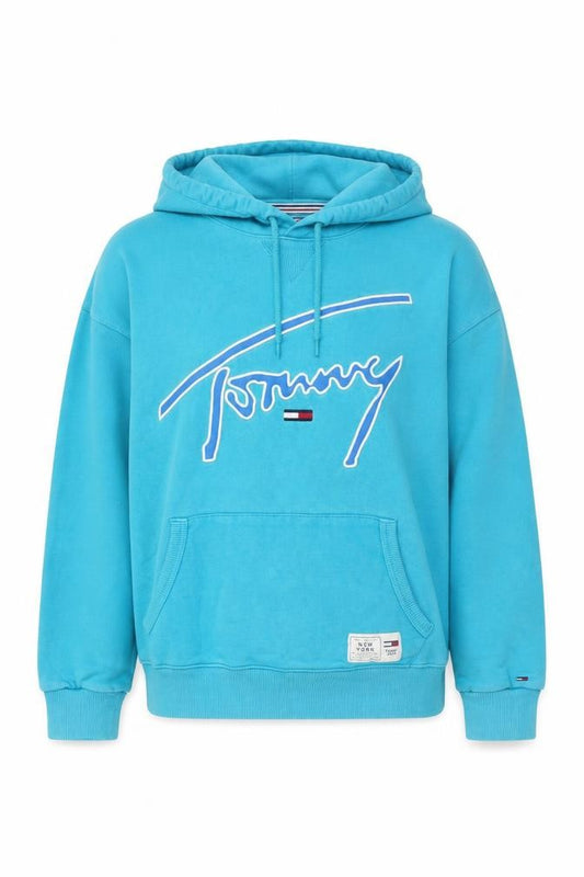 Front view of Tommy Jeans Women’s Blue M Pullover Logo Hoodie Cotton