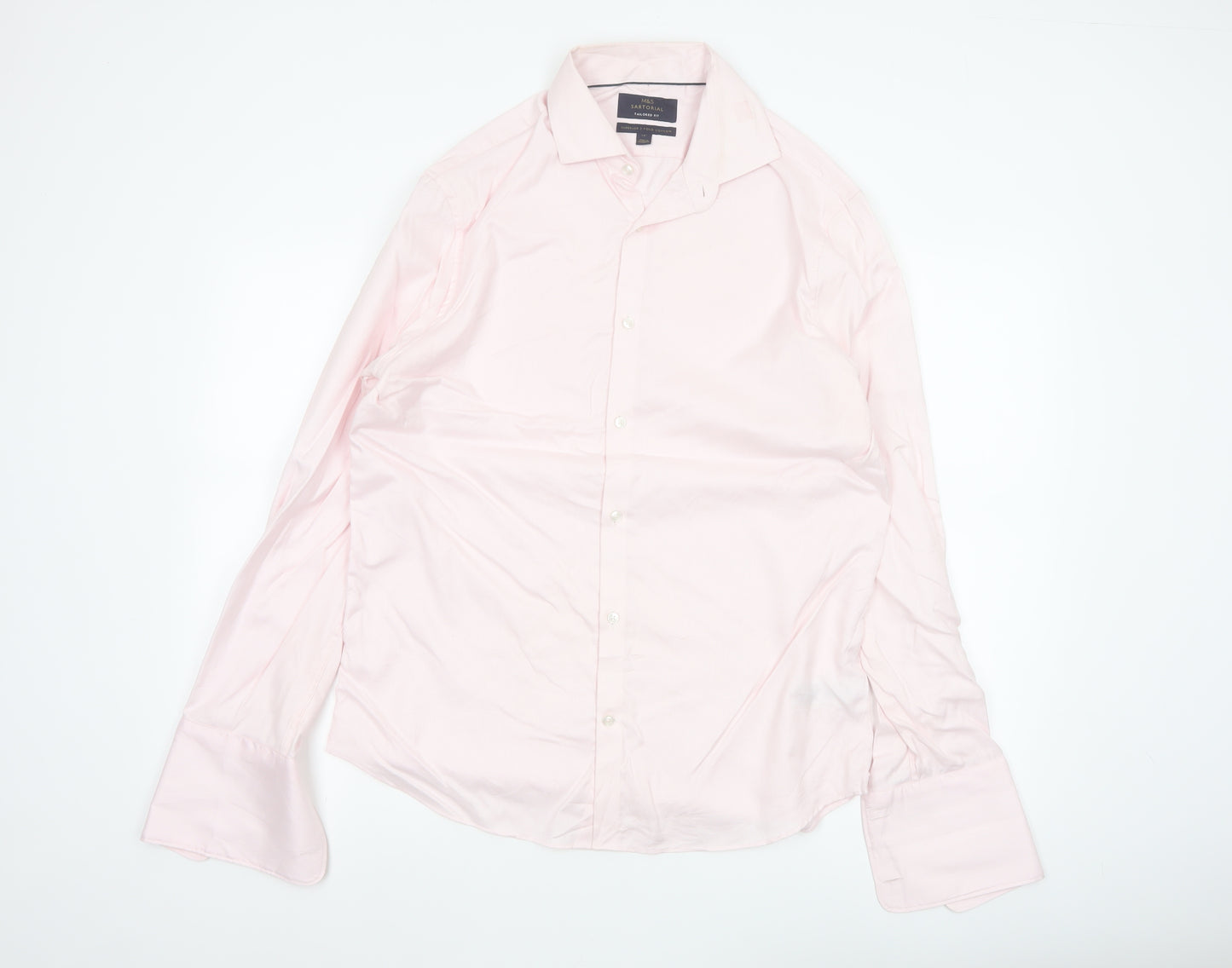Marks and Spencer Men Pink 16.5 Slim Herringbone Cotton Formal Shirt