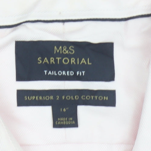 Marks and Spencer Men Pink 16.5 Slim Herringbone Cotton Formal Shirt