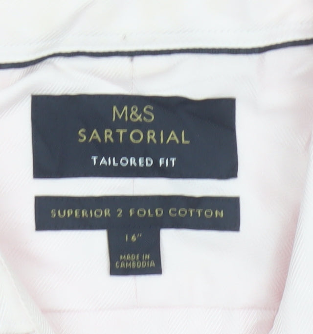 Marks and Spencer Men Pink 16.5 Slim Herringbone Cotton Formal Shirt