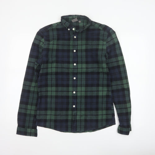 ASOS Men Green Navy Plaid Button-Down Long Sleeve Shirt M