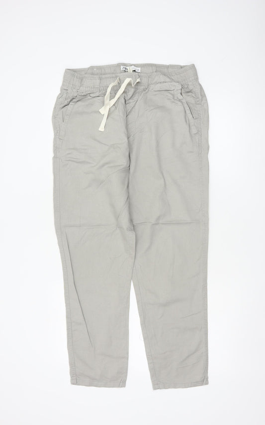Zara Women Grey L Linen Blend Drawstring Tapered Trousers