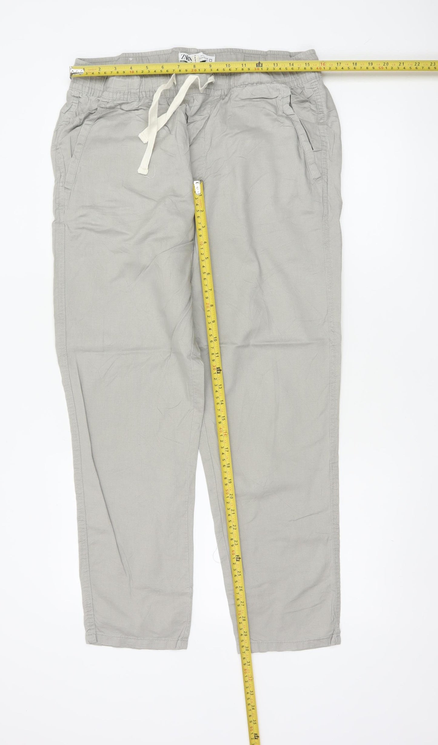 Zara Women Grey L Linen Blend Drawstring Tapered Trousers