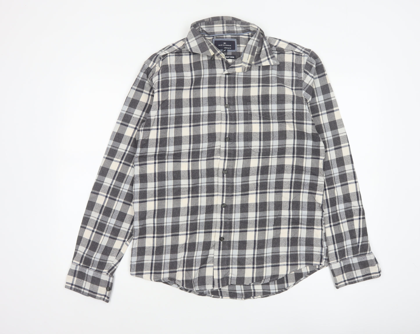 M&S Blue Harbour Men Grey Check Brushed Cotton Shirt Small Regular Fit