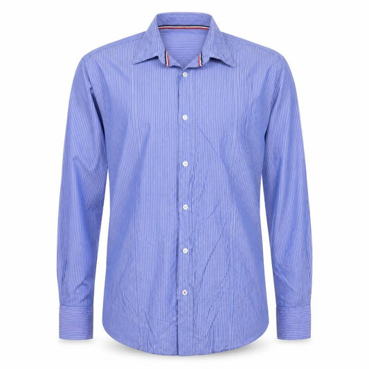 Front view of Country Casuals Milano Italy Men’s Blue Striped Cotton Button-Up Shirt, size L
