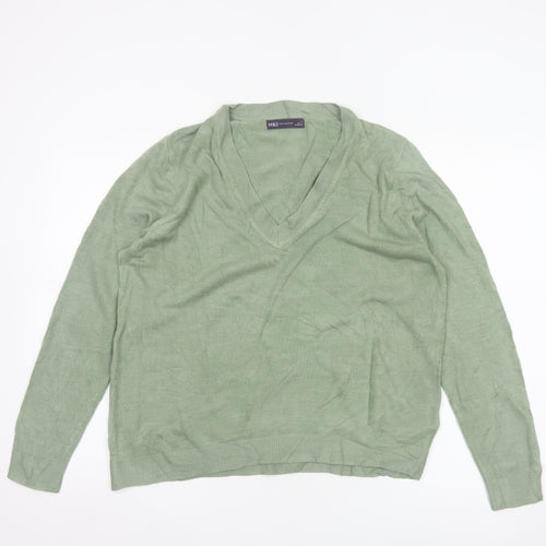 Marks & Spencer Women Green L V-Neck Long Sleeve Knit Pullover Jumper