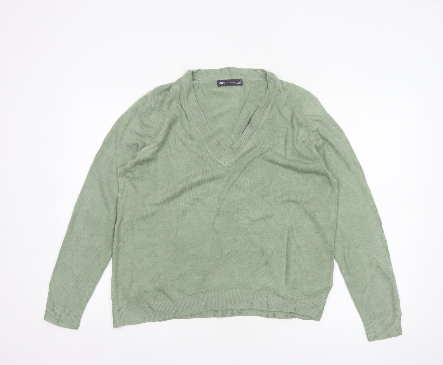 Marks & Spencer Women Green L V-Neck Long Sleeve Knit Pullover Jumper