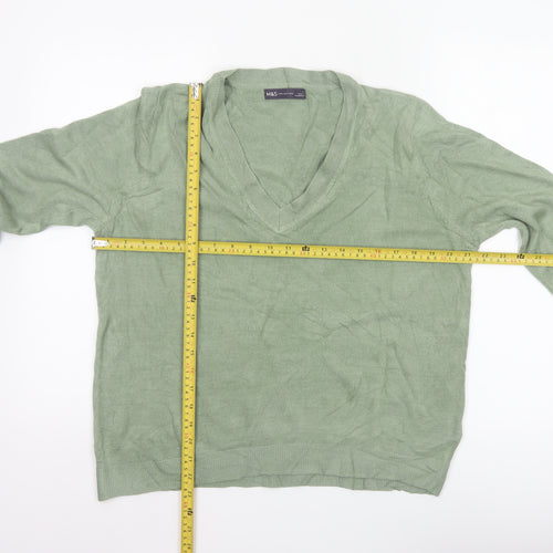 Marks & Spencer Women Green L V-Neck Long Sleeve Knit Pullover Jumper