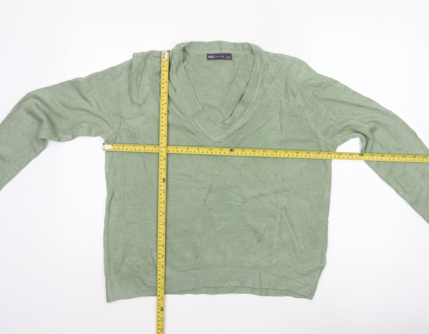 Marks & Spencer Women Green L V-Neck Long Sleeve Knit Pullover Jumper