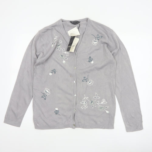 Paramour Women Grey M Floral Embroidered V-Neck Knit Cardigan