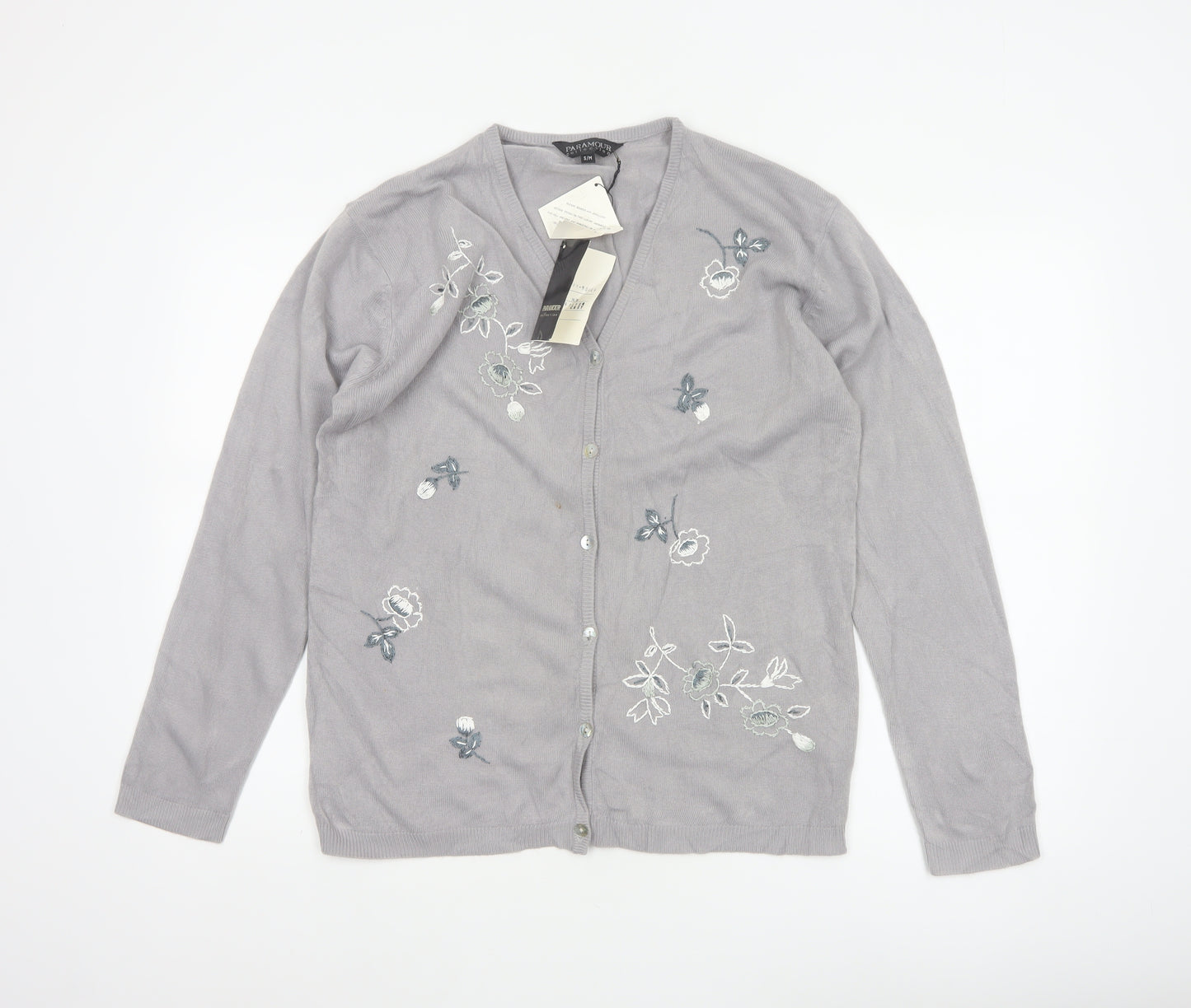 Paramour Women Grey M Floral Embroidered V-Neck Knit Cardigan