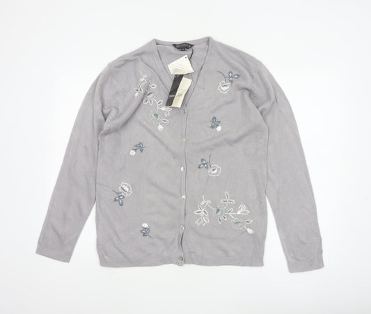 Paramour Women Grey M Floral Embroidered V-Neck Knit Cardigan