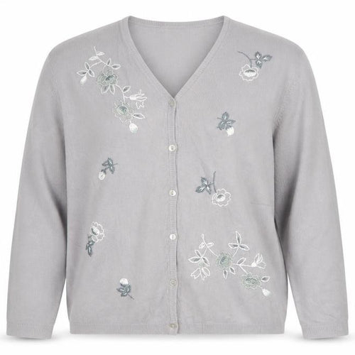 Paramour Women Grey M Floral Embroidered V-Neck Knit Cardigan