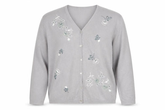 Paramour Women Grey M Floral Embroidered V-Neck Knit Cardigan