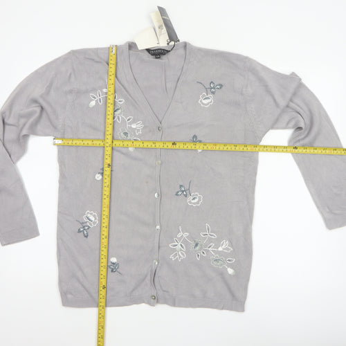 Paramour Women Grey M Floral Embroidered V-Neck Knit Cardigan
