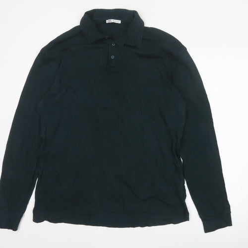 Zara Men’s Black L Long Sleeve Cotton Polo Shirt Collared Button Casual