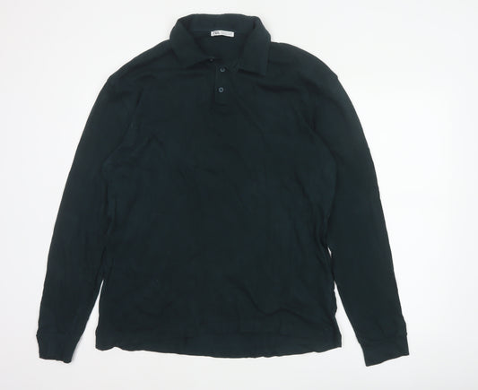 Zara Men’s Black L Long Sleeve Cotton Polo Shirt Collared Button Casual