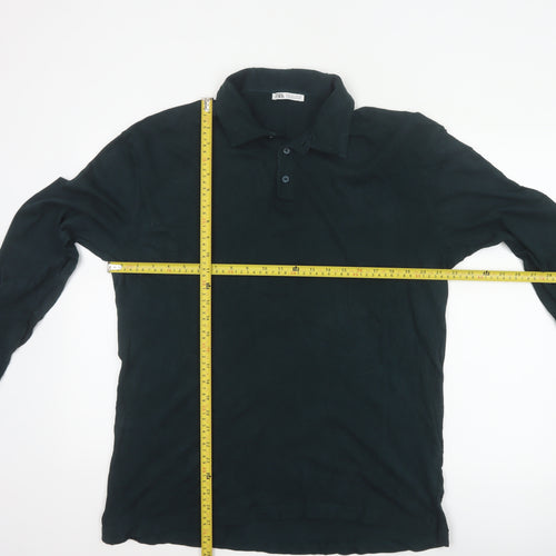 Zara Men’s Black L Long Sleeve Cotton Polo Shirt Collared Button Casual