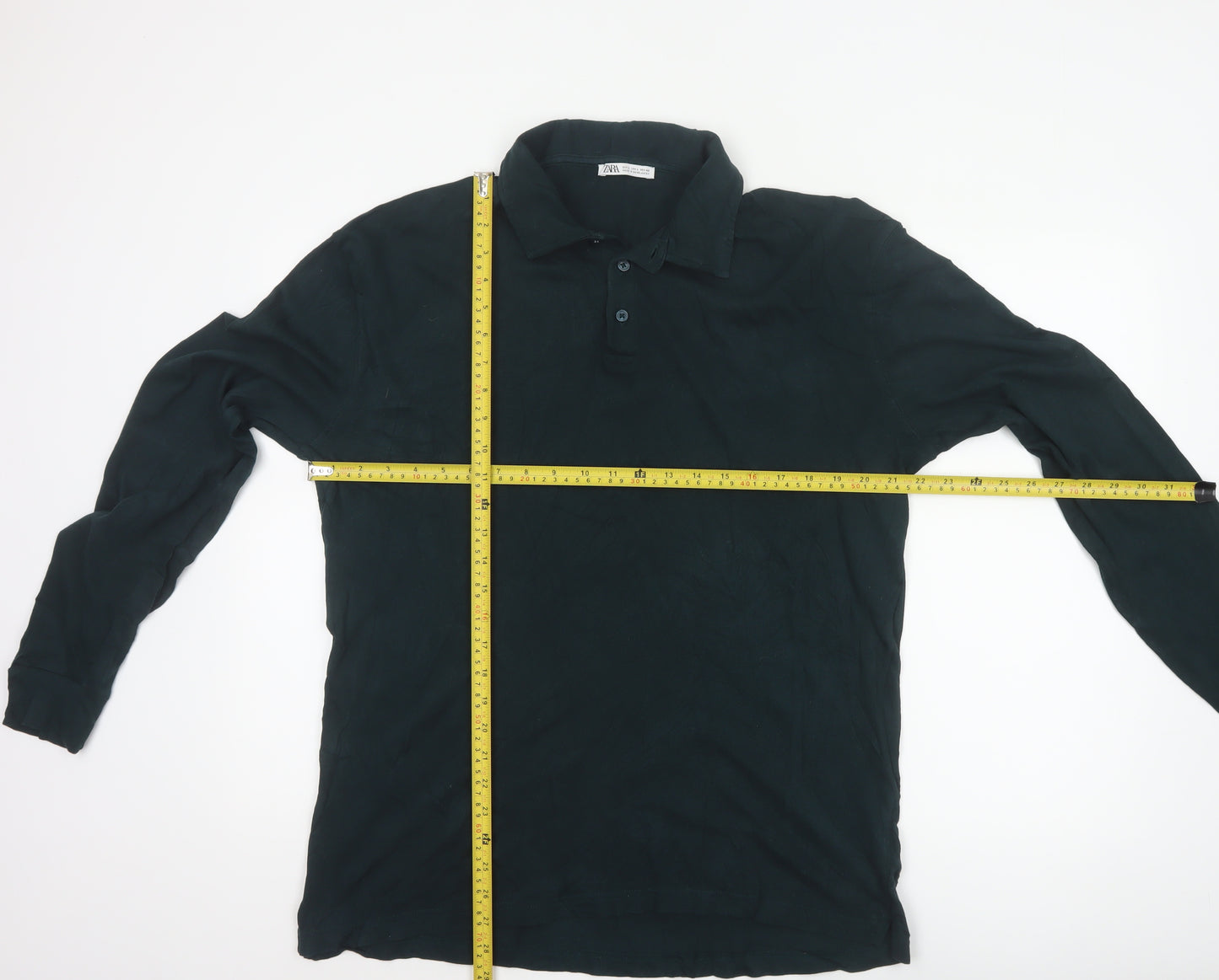 Zara Men’s Black L Long Sleeve Cotton Polo Shirt Collared Button Casual