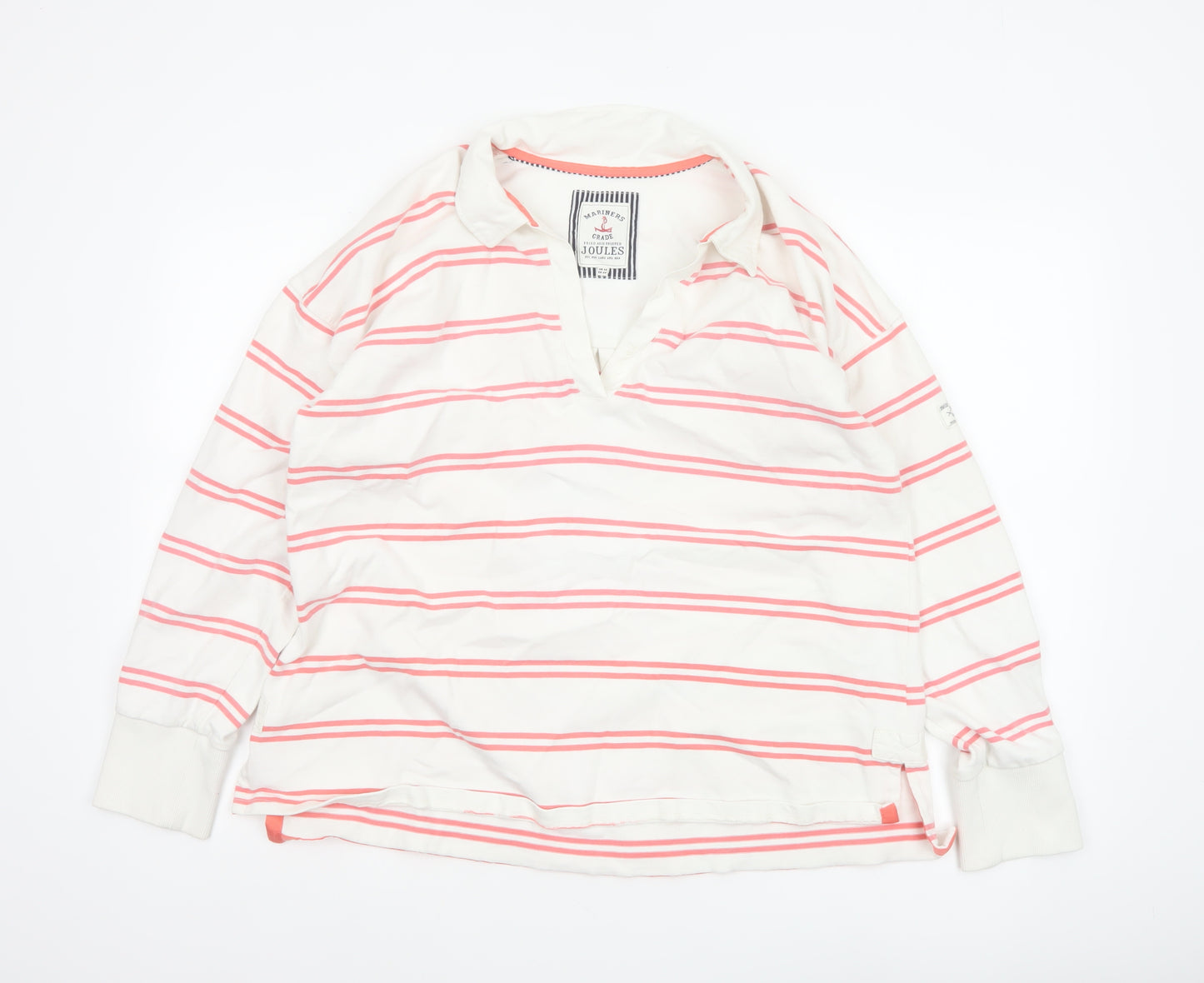 Joules Women's White Pink Stripe Collared Pullover Sweatshirt UK 16