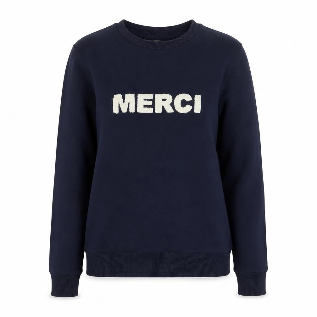 Front view of Warehouse Women’s Navy S Merci Logo Pullover Sweatshirt