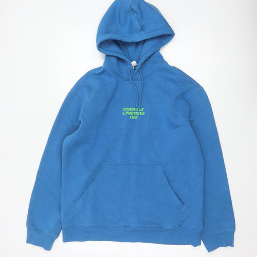H&M Men's Blue M Relaxed Fit Pullover Hoodie Graphic Print