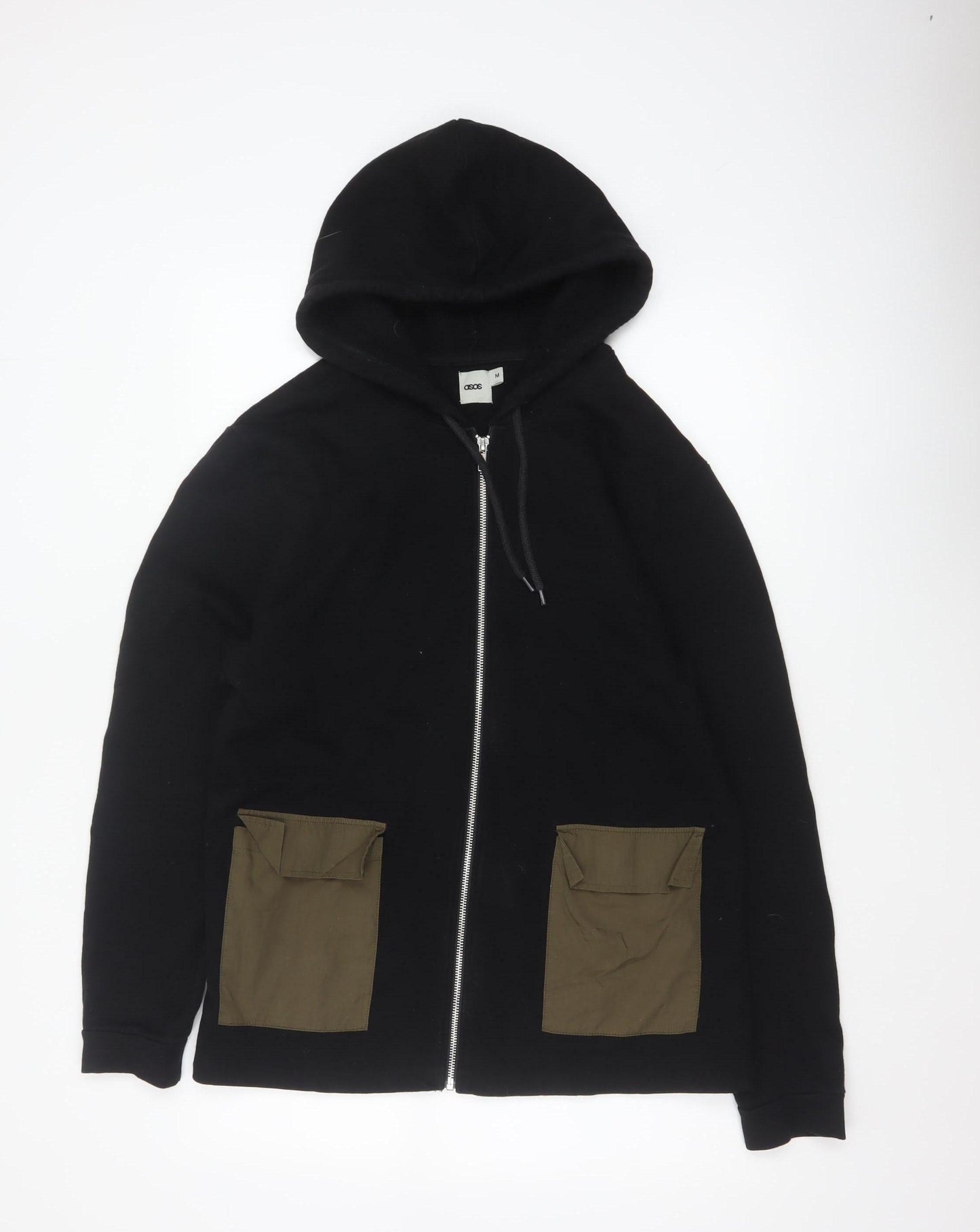 ASOS Men’s Black M Full Zip Hoodie Khaki Utility Pockets Cotton